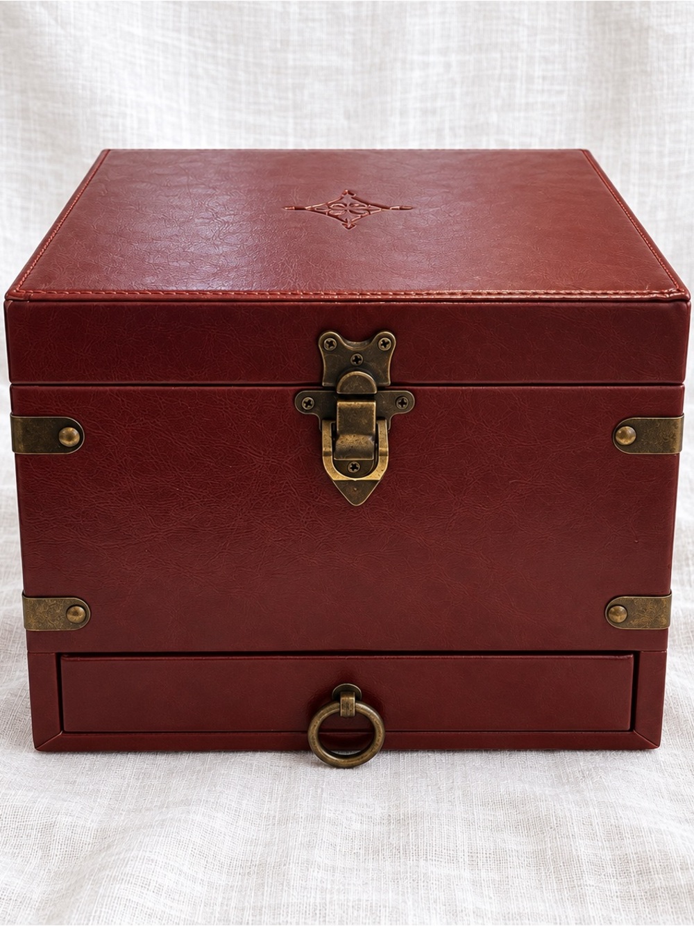 Burgundy Jewelry Box with Celestial Sun Moon Star Lining & Drawer 7.5”